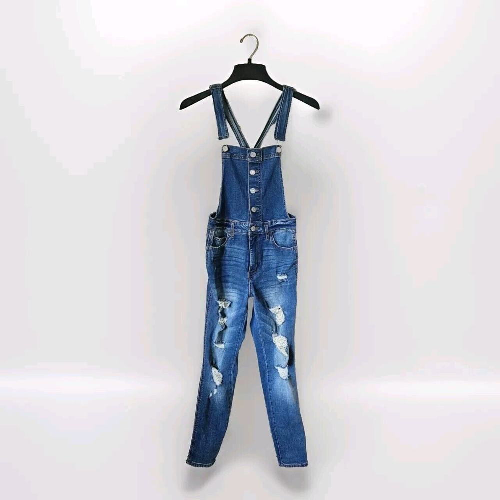 AEROPOSTALE Distressed‎ Blue Denim Button Front Bib Overalls - Size Medium